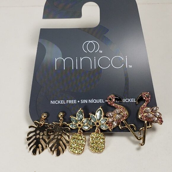 Minicci 3 Pairs of Gold-Tone Crystal Post Drop Earrings, Flamingo, Leaf, Flower - Picture 4 of 11